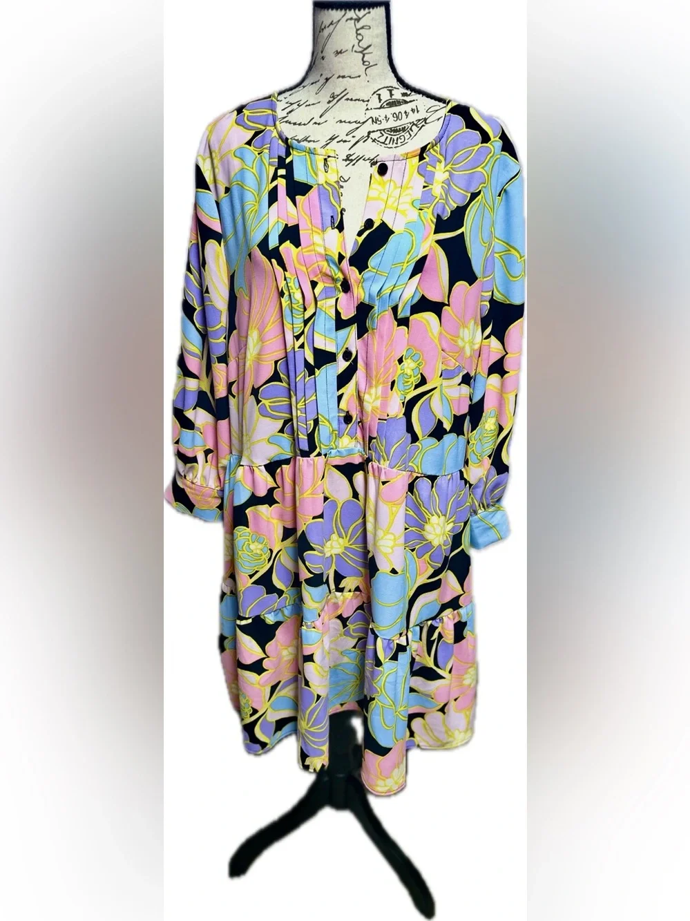Floral Pastel Tiered Women’s Dress - Pink/Blue - Picture 2 of 7
